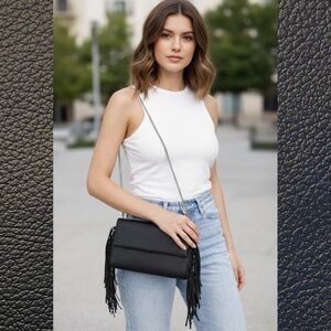 Black Vegan Leather Fringe Clutch Crossbody – Silver Chain